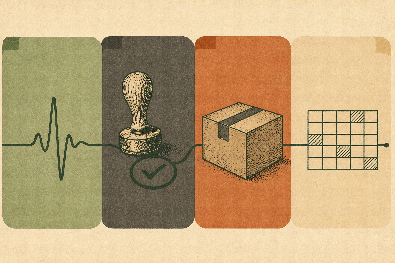Print illustration of four overlapping plates: a pulse, a stamp, a shipping box, and a ledger.