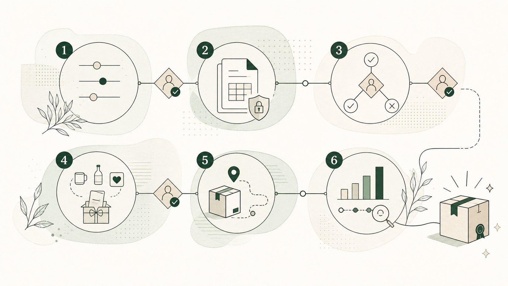 Six-stage GiftWorks workflow connecting policy setup, employee data, human approval gates, employee choice, fulfillment, and reporting.